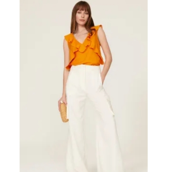 Marissa Webb RTR Golden Orange Linen Blend Ditsy Ruffle Top Women 4 MSRP:$210 - Picture 5 of 11